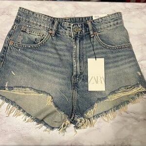 Zara Curved High Waisted Short Leg Blue Jean Shorts with Distressed Frayed Hem